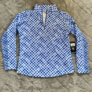 IBKUL Womens Long Sleeve Top Medium 1/4 Zip Mock Neck Blue Gingham Check Golf